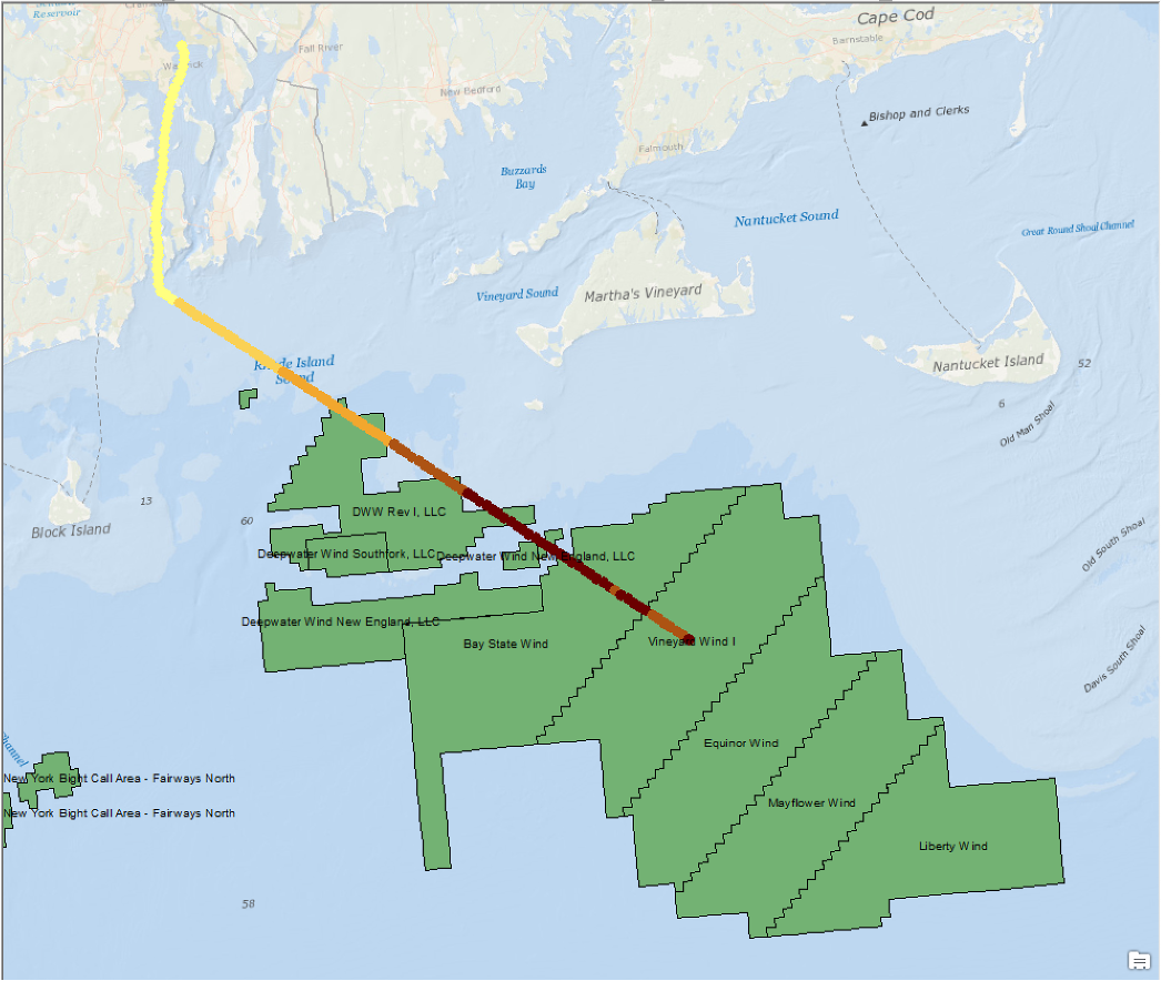 C Marine mammal strike probability map for vessel path offshore RI